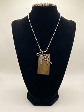 Charming Charlie Bronze Tag Necklace with Silver Wing & Scissor Charms